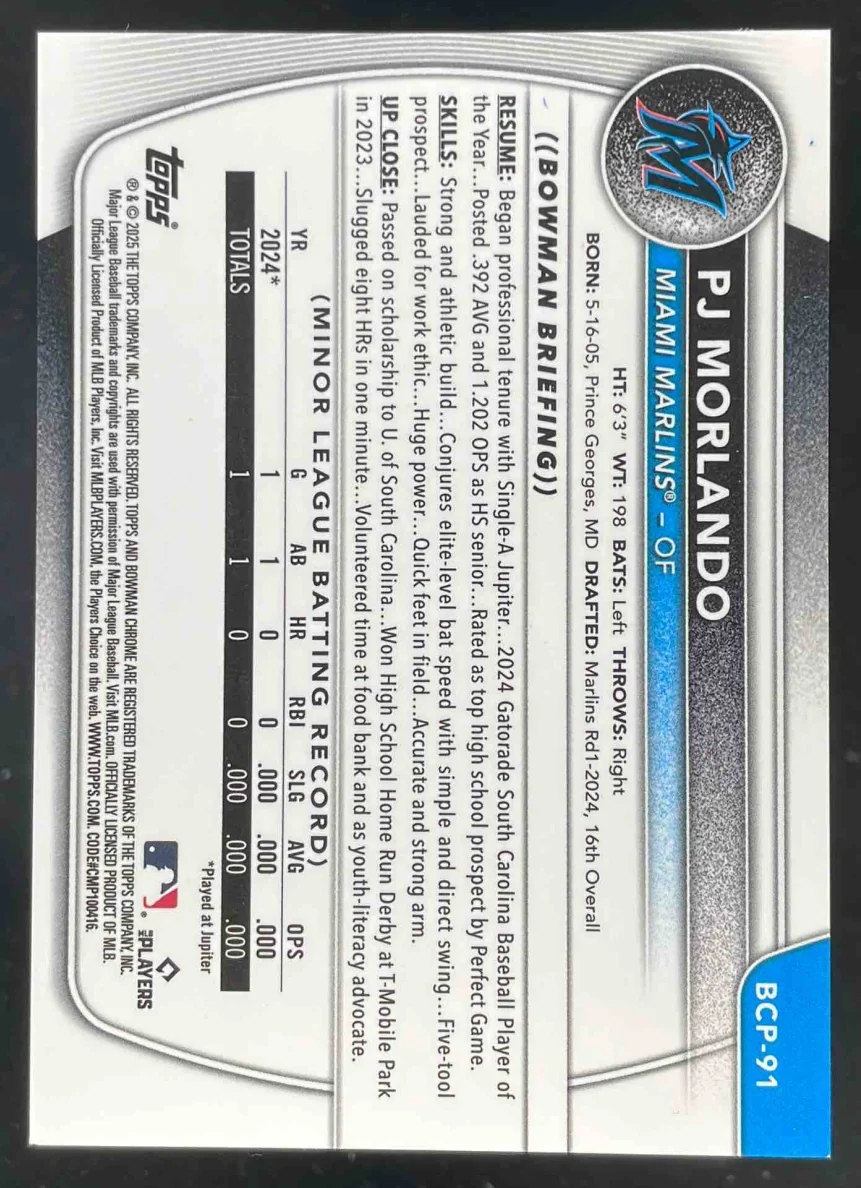 2025 Bowman Sapphire Chrome Prospects Gold Refractors #BCP-91 PJ Morlando RC /50 - Image 2