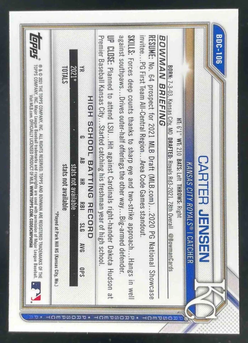 2021 Bowman Chrome Draft Mega Box #BDC106 Carter Jensen RC Rookie - Image 2
