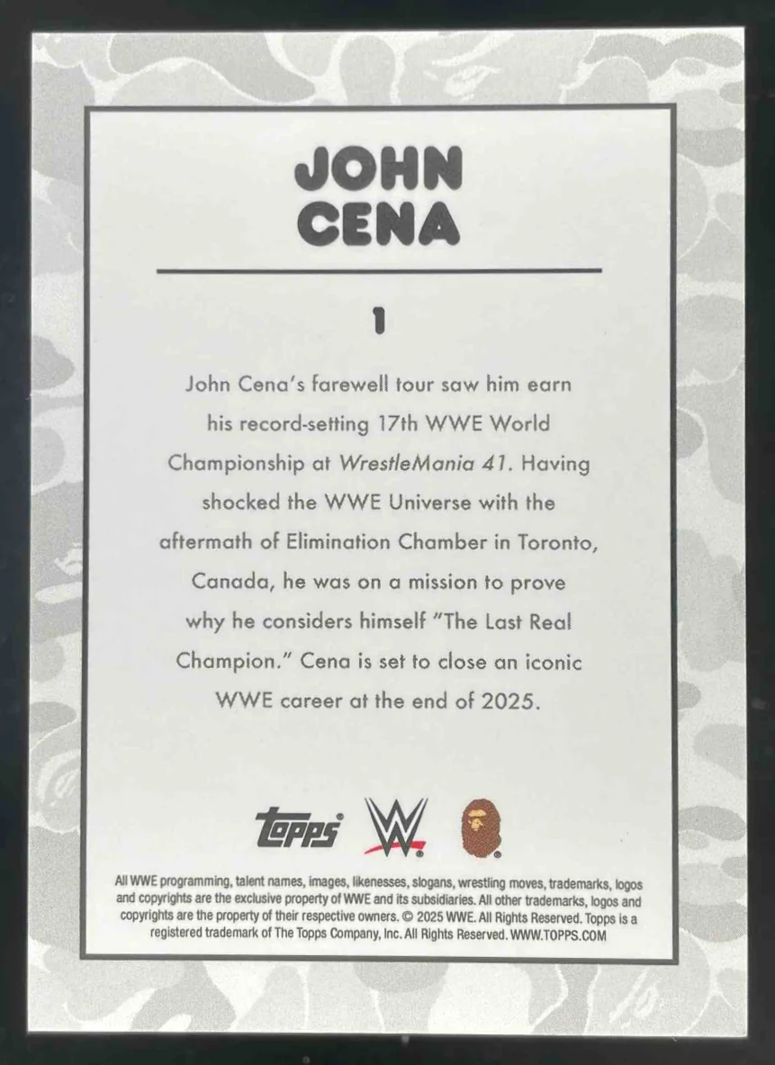 2025 Topps WWE x Bape Pink Camo #1 John Cena /25 - Image 2