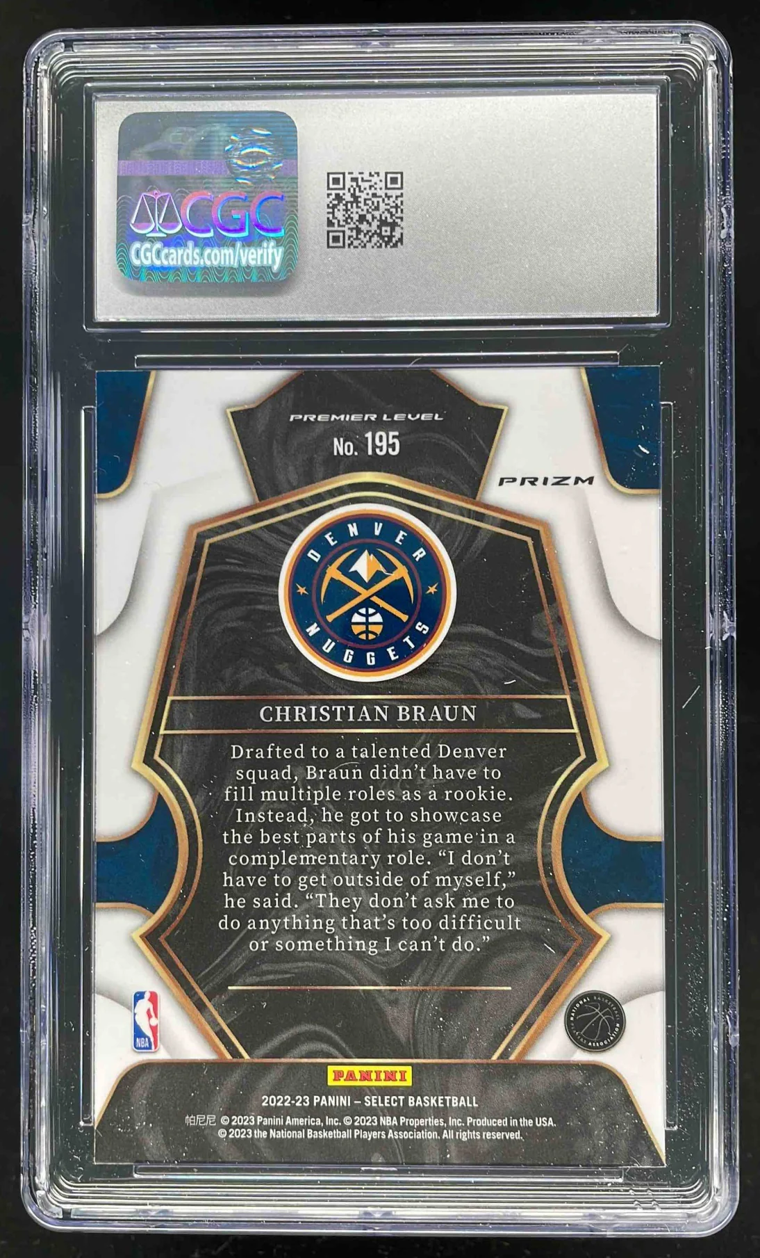 2022-23 Select Elephant Prizm SSP #195 Christian Braun RC Premier Level CGC 10 - Image 2