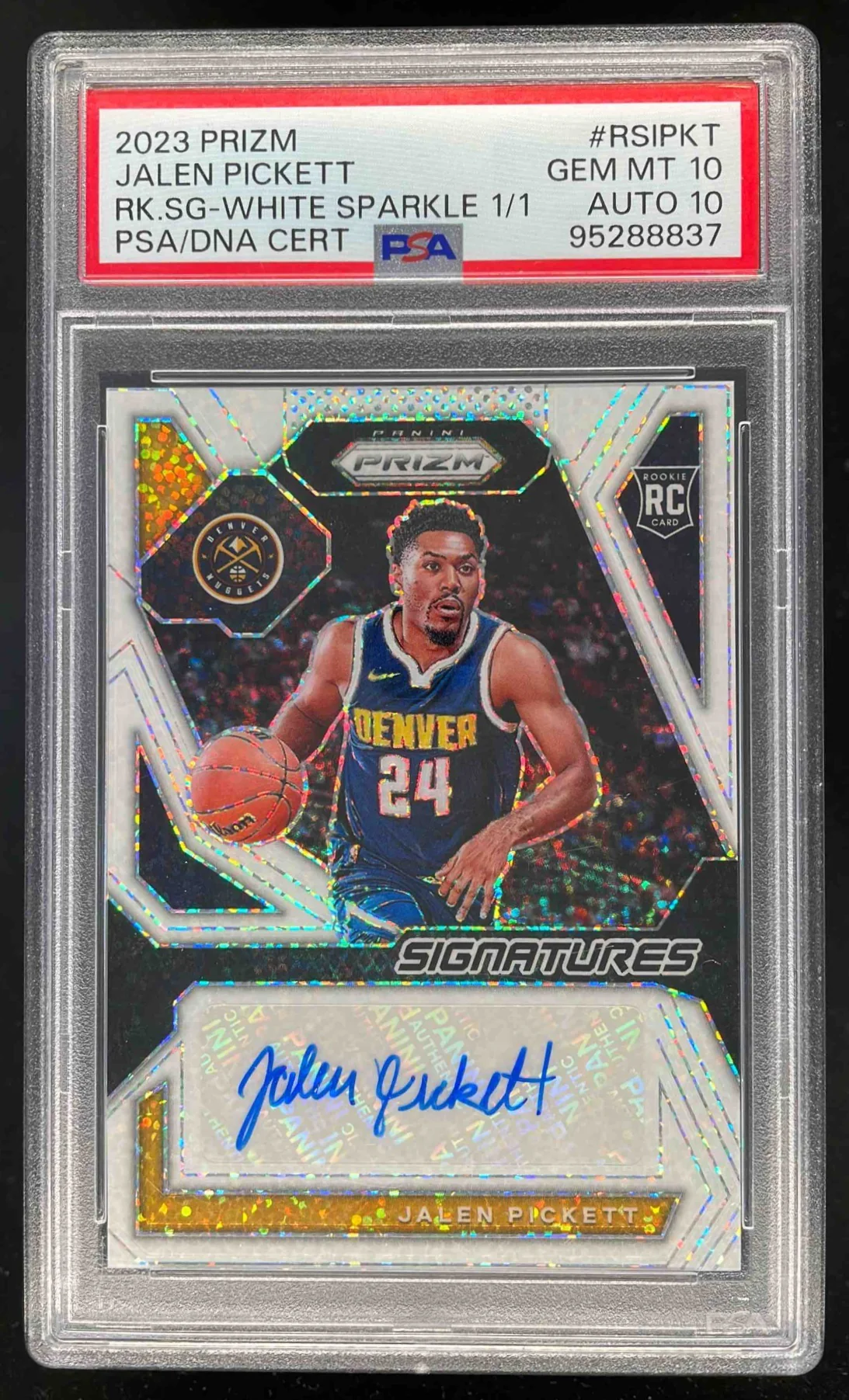 2023-24 Panini Prizm Rookie Prizm White Sparkle Jalen Pickett RC Auto 1/1 PSA 10