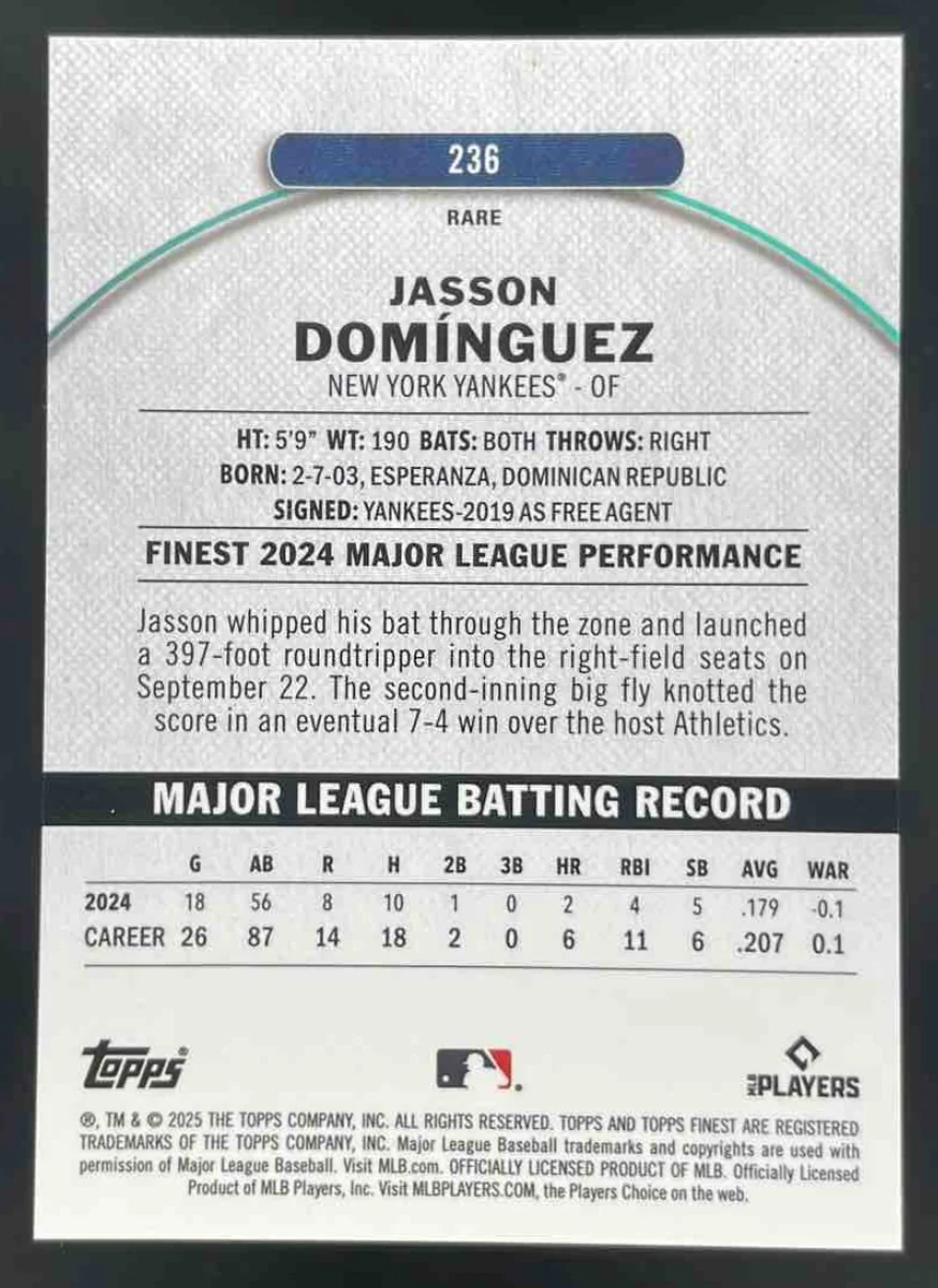 2025 Topps Finest Rare Gold Refractor #236 Jasson Dominguez /20 - Image 2