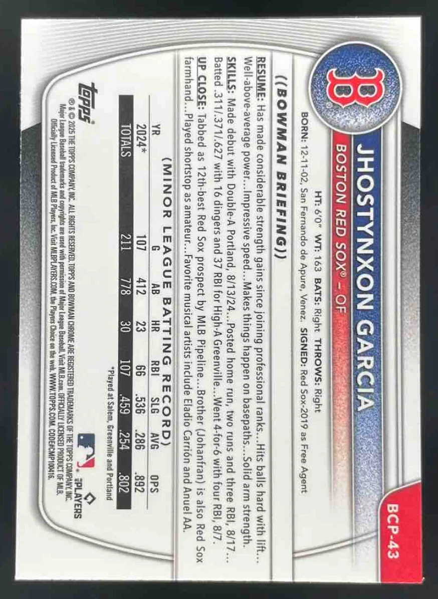 2025 Bowman Sapphire Chrome Yellow Refractors #BCP-43 Jhostynxon Garcia RC /75 - Image 2
