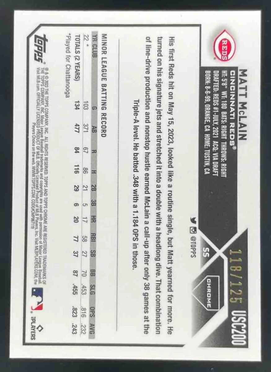 2023 Topps Chrome Update Blue/Green Lava Lamp #USC200 Matt McLain RC /125 - Image 2
