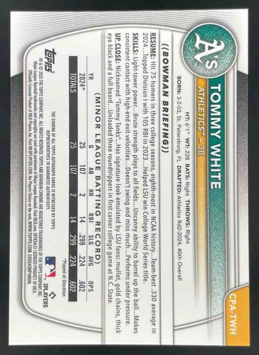 2025 Bowman Chrome Prospect Autograph #CPA-TWH Tommy White RC Auto - Image 2