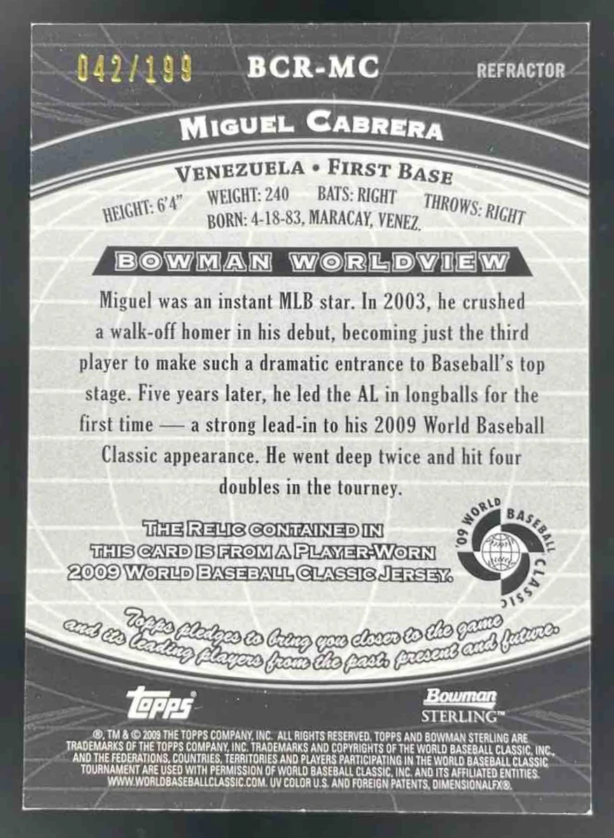 2009 Bowman Sterling WBC Relics Refractors #BCR-MC Miguel Cabrera /199 - Image 2