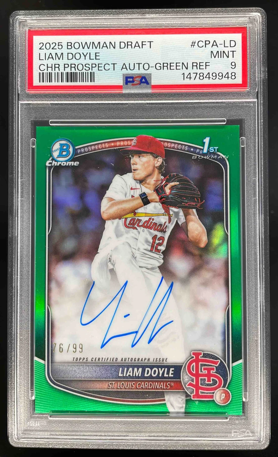 2025 Bowman Draft Chrome Prospect Green #CPA-LD Liam Doyle RC Auto /99 PSA 9