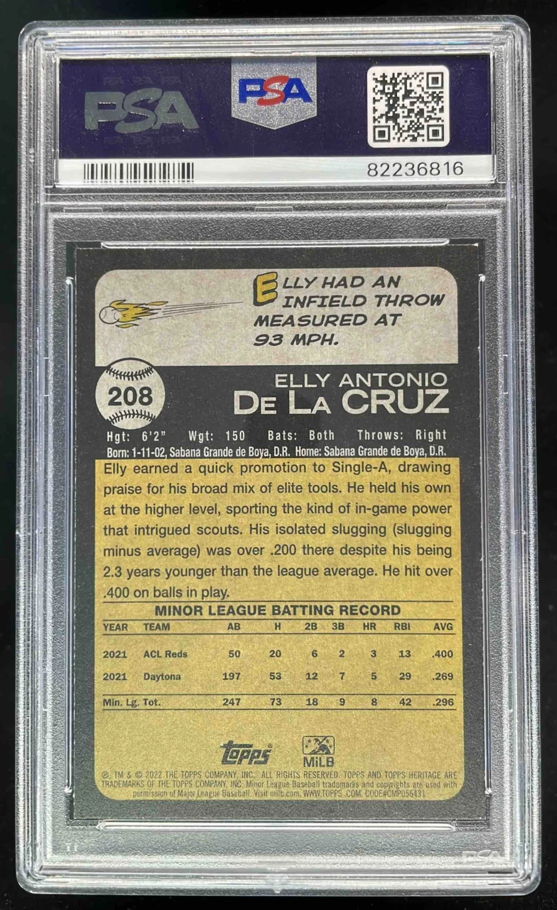 2022 Topps Heritage Minor League #208 Elly De La Cruz SP PSA 9 - Image 2
