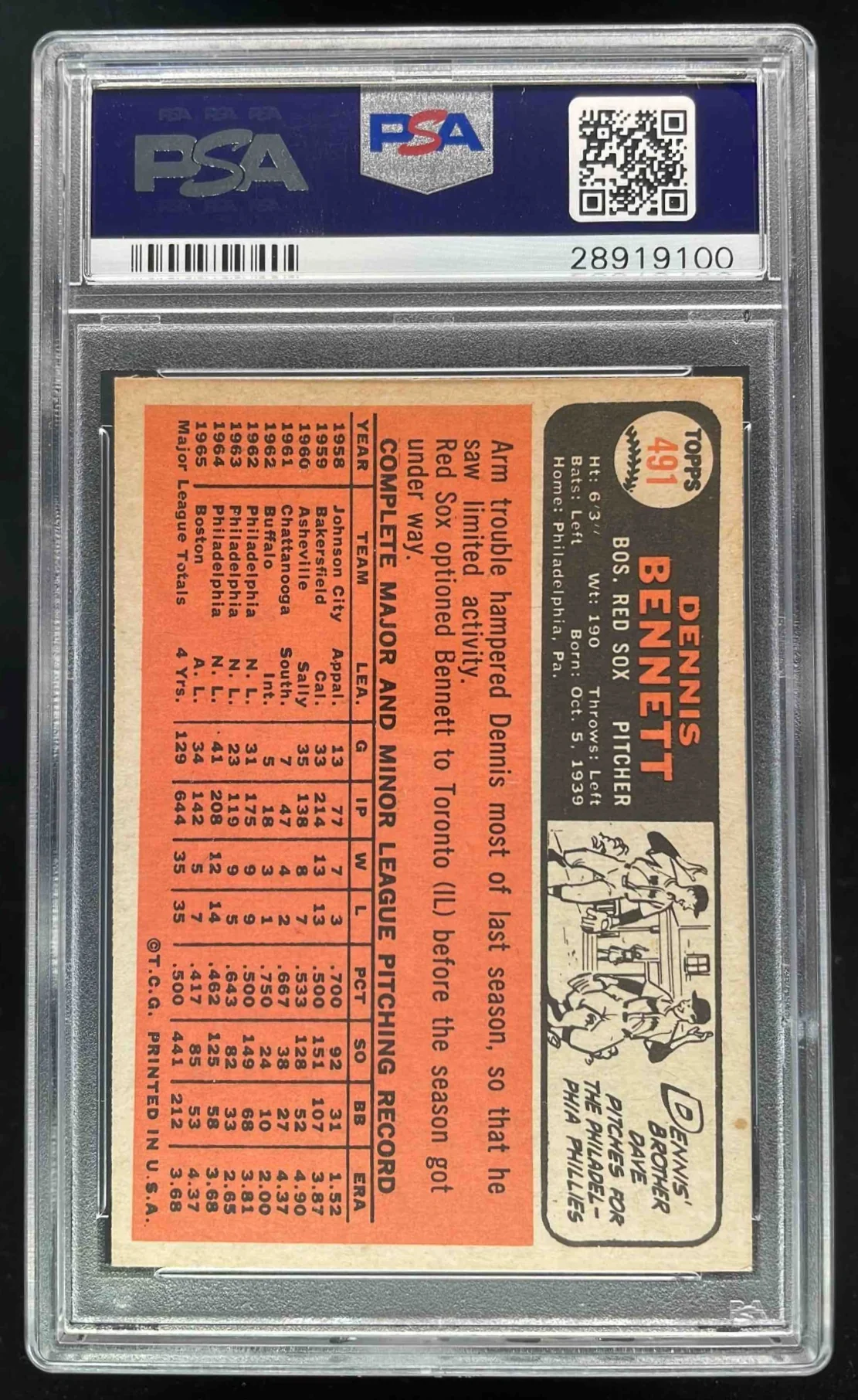 1966 Topps #491 Dennis Bennett PSA 9 - Image 2