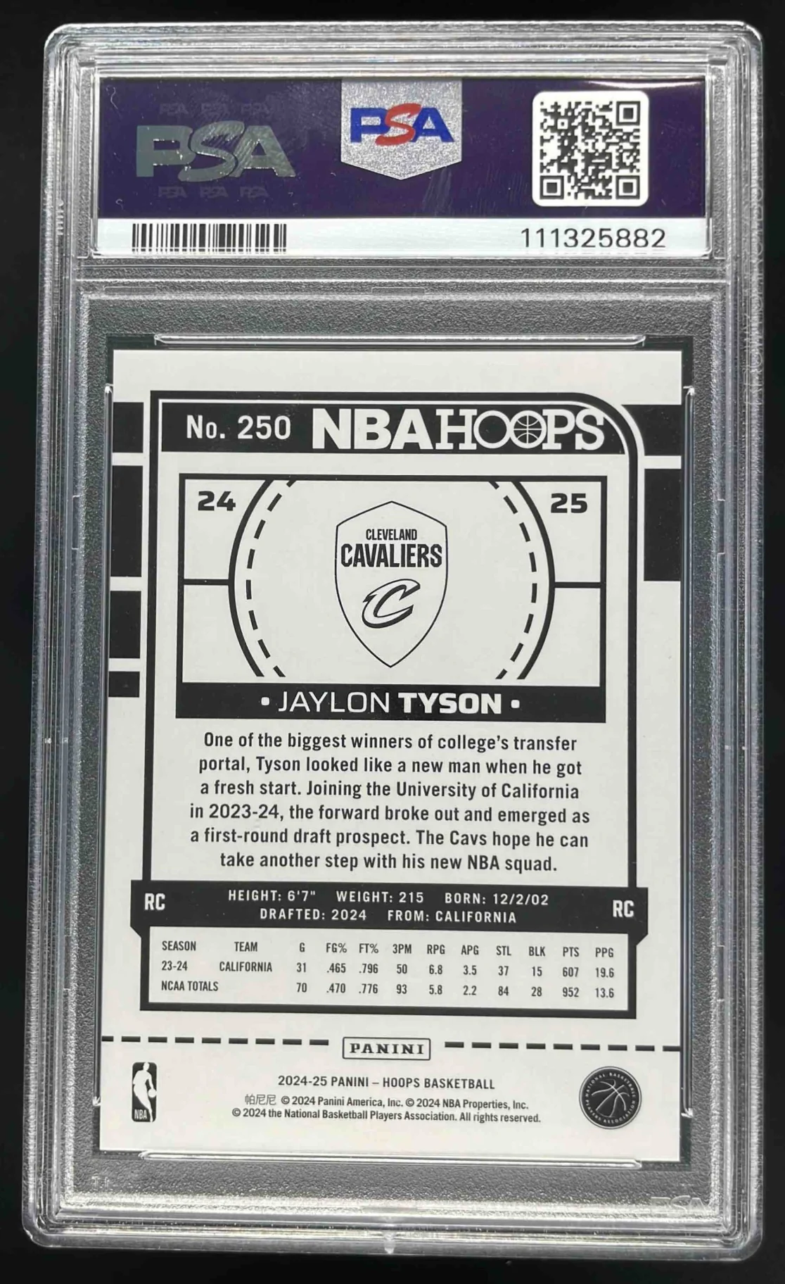 2024-25 Panini Hoops Orange Explosion #250 Jaylon Tyson RC /25 PSA 10 - Image 2