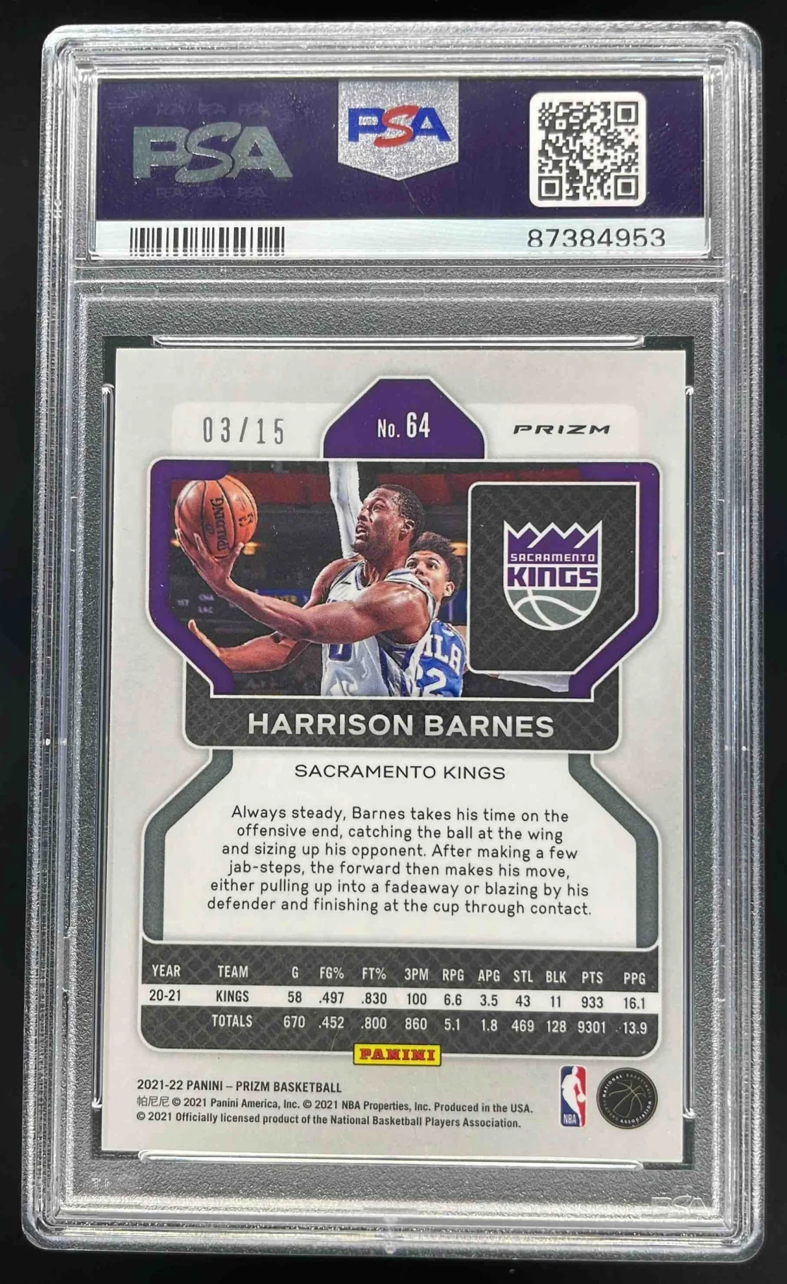 2021-22 Panini Prizm Choice Red Blue and Purple #64 Harrison Barnes /15 PSA 10 - Image 2