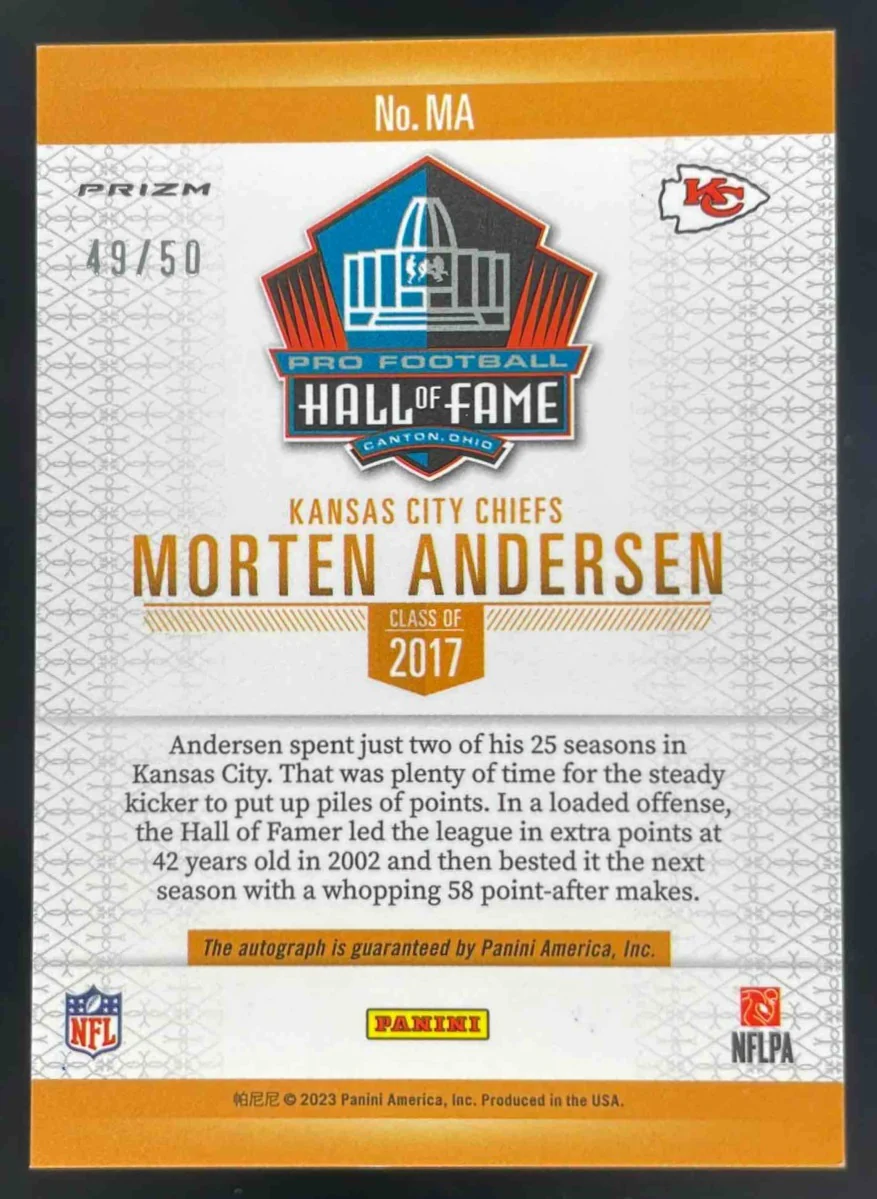 2023 Panini Hall of Fame Autograph #MA Morten Andersen Auto /50 - Image 2