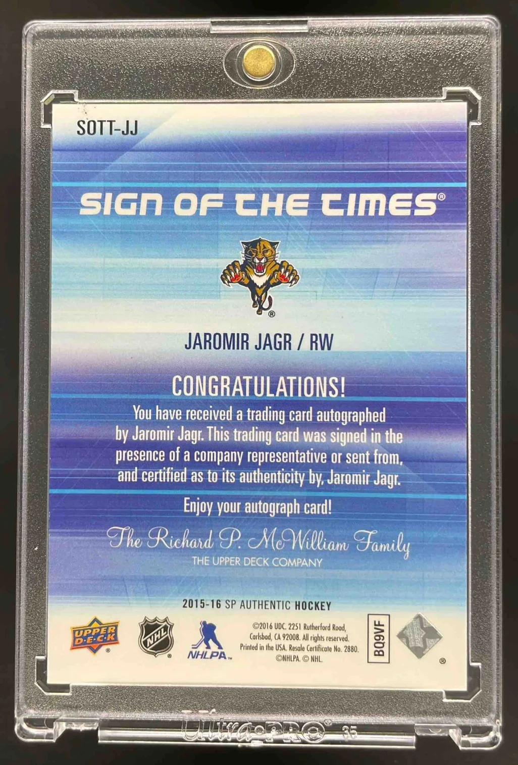 2015-16 SP Authentic Sign of the Times #SOTT-JJ Jaromir Jagr Autograph Auto - Image 2