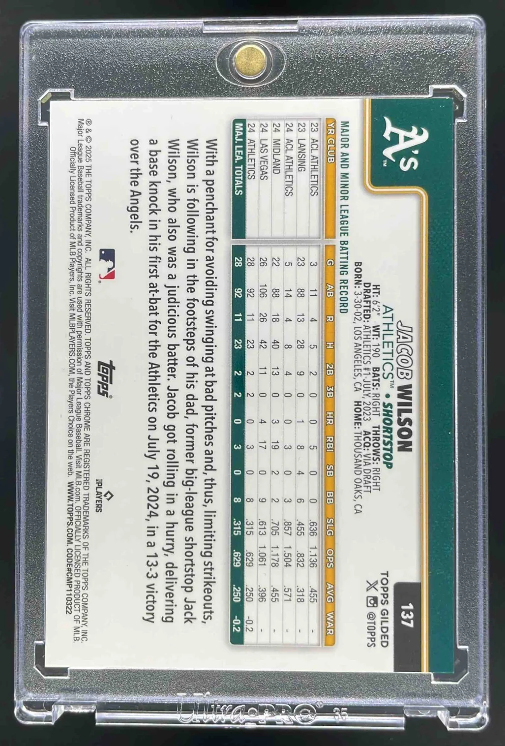2025 Topps Gilded Collection Chrome Gold Lava Refractor #137 Jacob Wilson RC /10 - Image 2