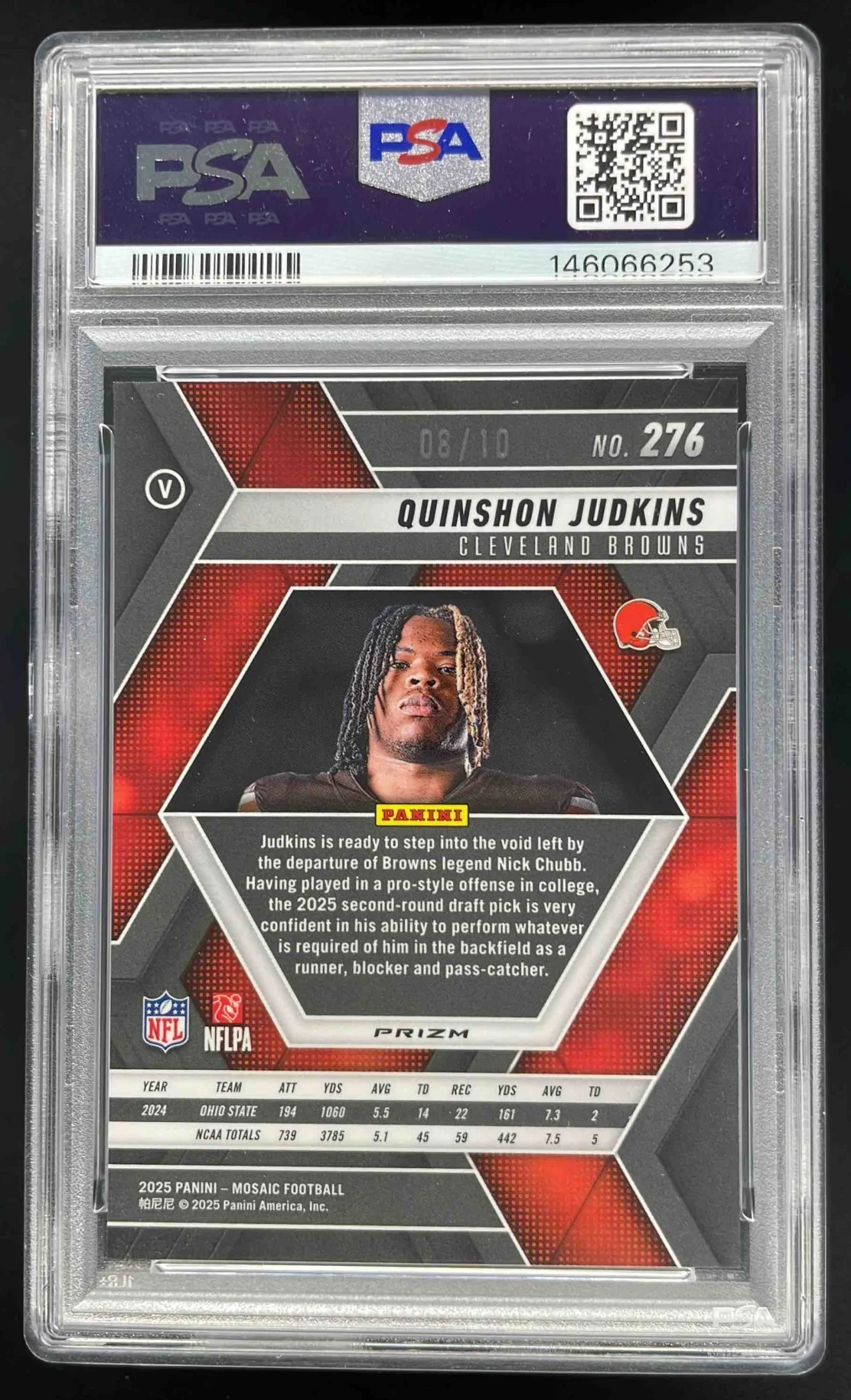 2025 Panini Mosaic Rookie Variation Gold #276 Quinshon Judkins RC /10 PSA 9 - Image 2