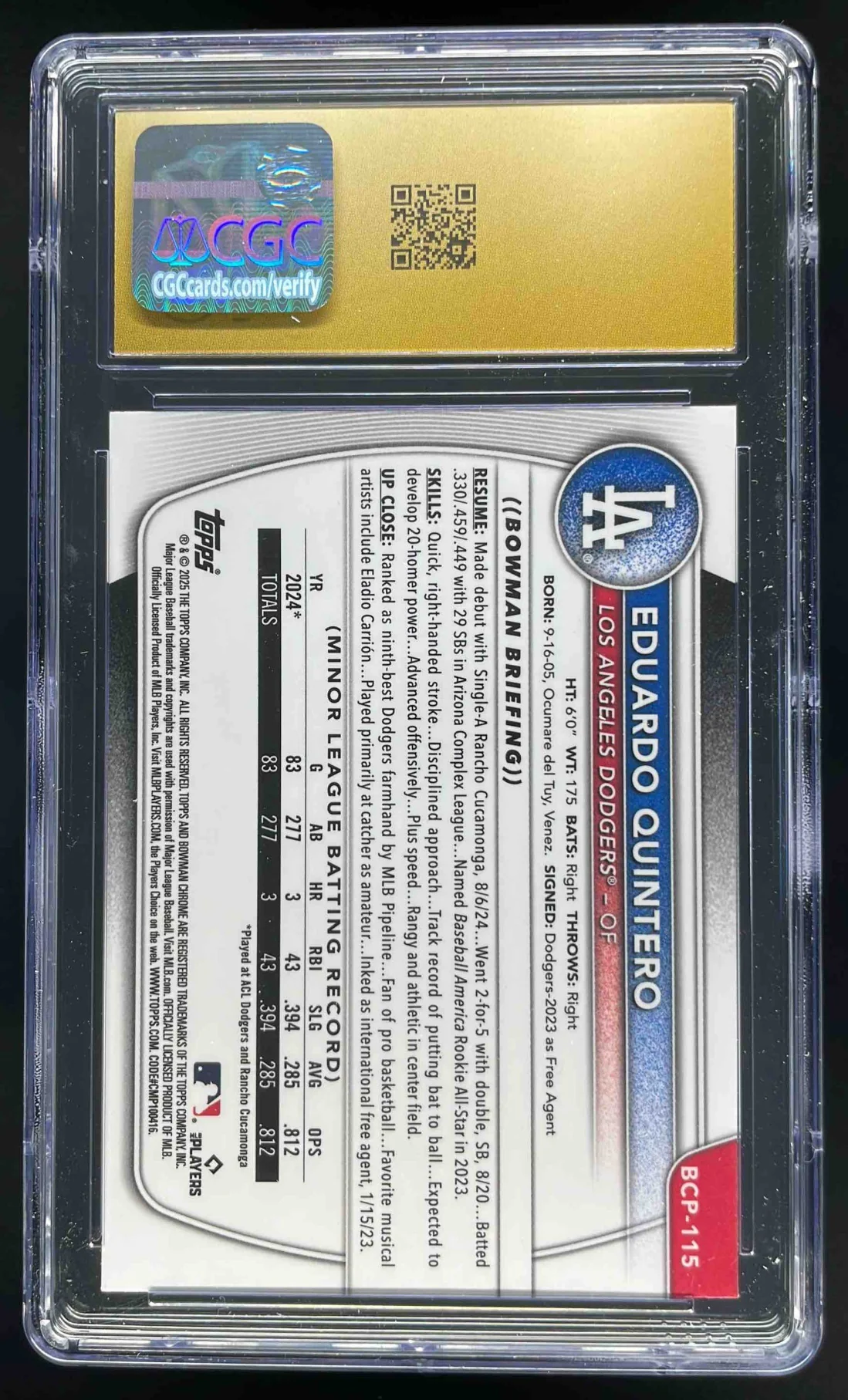 2025 Bowman Sapphire Chrome Yellow #BCP-115 Eduardo Quintero RC /75 CGC 10 - Image 2