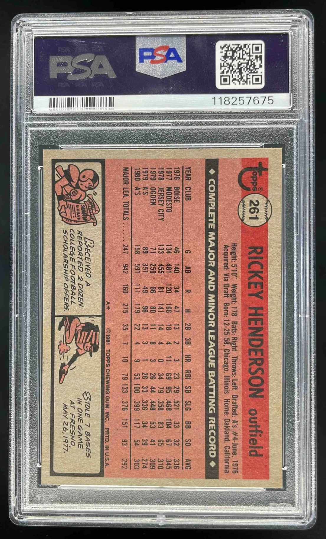 1981 Topps #261 Rickey Henderson PSA 9 - Image 2