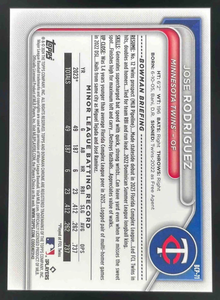 2024 Bowman Sapphire Chrome Black Sapphire #BCP-71 Jose Rodriguez RC /10 - Image 2