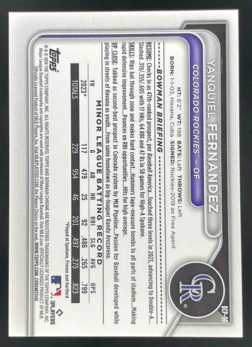 2024 Bowman Sapphire Chrome Black Sapphire #BCP-90 Yanquiel Fernandez /10 - Image 2