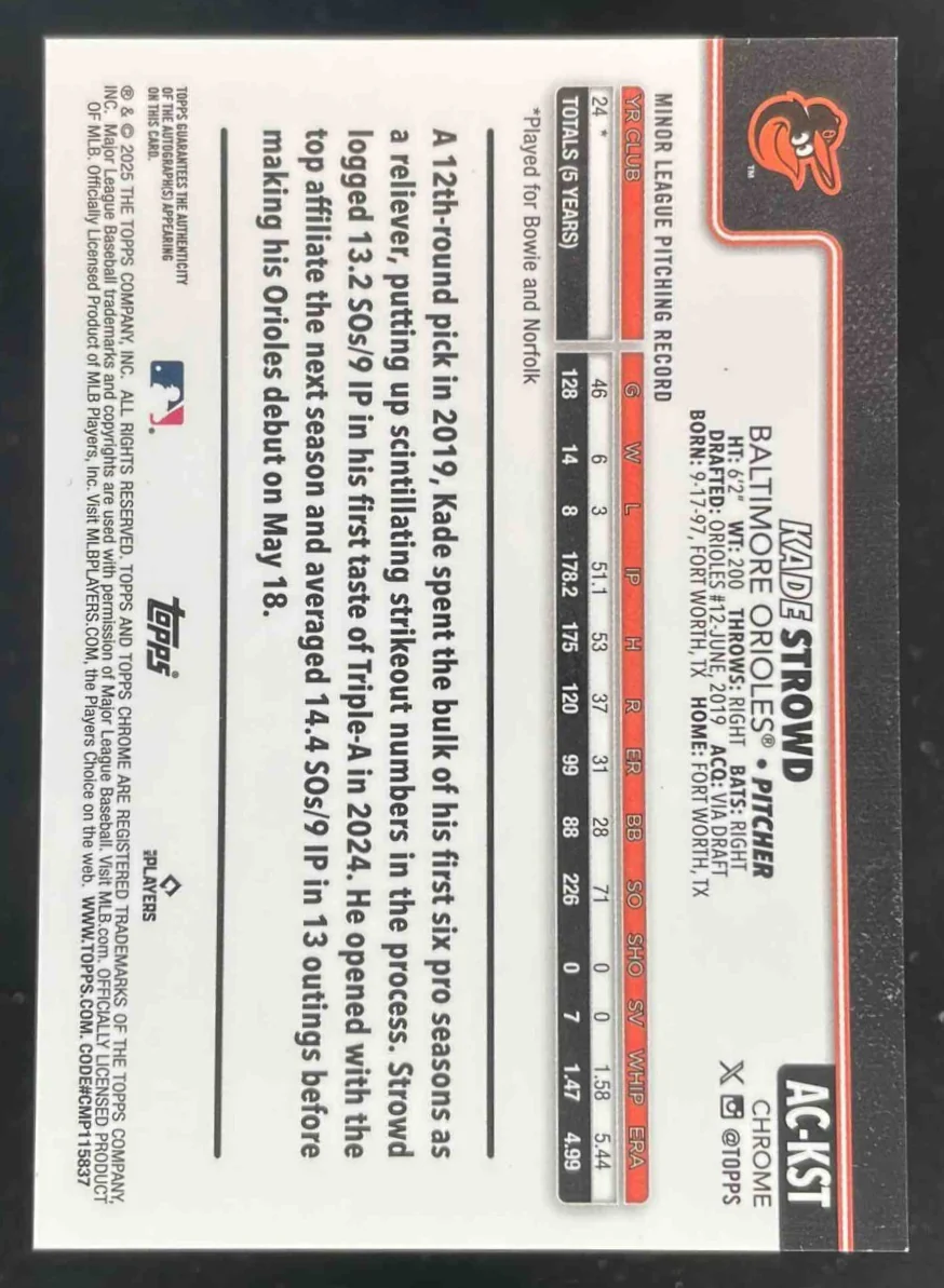 2025 Topps Chrome Update Blue RayWave Refractor #AC-KST Kade Strowd RC Auto /150 - Image 2