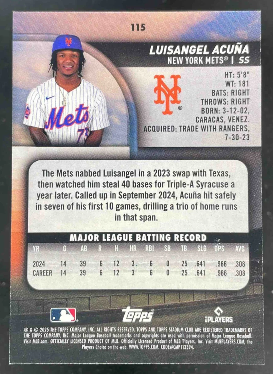 2025 Topps Stadium Club Turquoise Foil #115 Luisangel Acuna RC /99 - Image 2