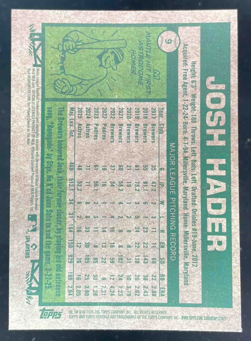 2026 Topps Heritage Chrome Black Refractor #9 Josh Hader /77 - Image 2