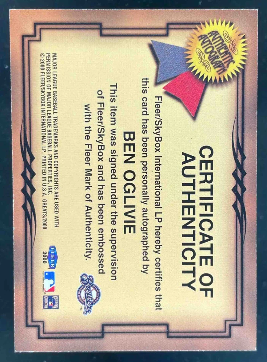 2000 Fleer Greats of the Game Autographs #NNO Ben Oglivie Auto - Image 2