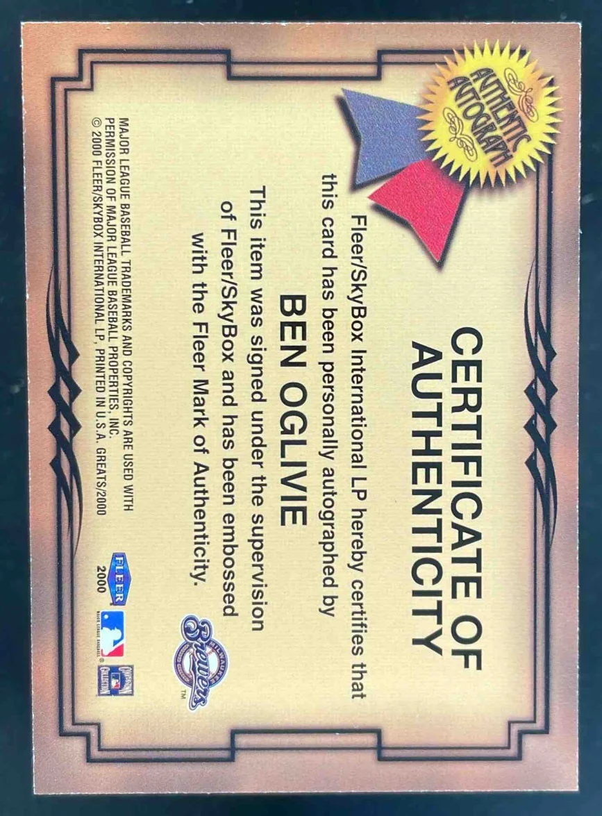 2000 Fleer Greats of the Game Autographs #NNO Ben Oglivie Auto - Image 2