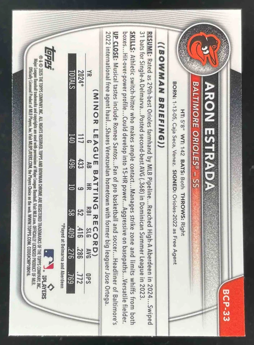 2025 Bowman Sapphire Chrome Yellow Refractors #BCP-33 Aron Estrada RC /75 - Image 2