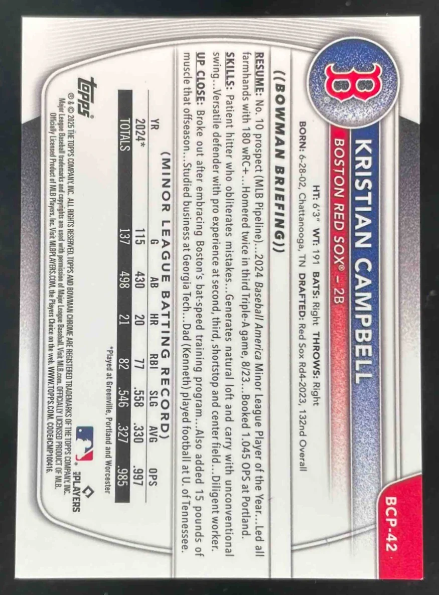2025 Bowman Sapphire Chrome Yellow Refractors #BCP-42 Kristian Campbell /75 - Image 2