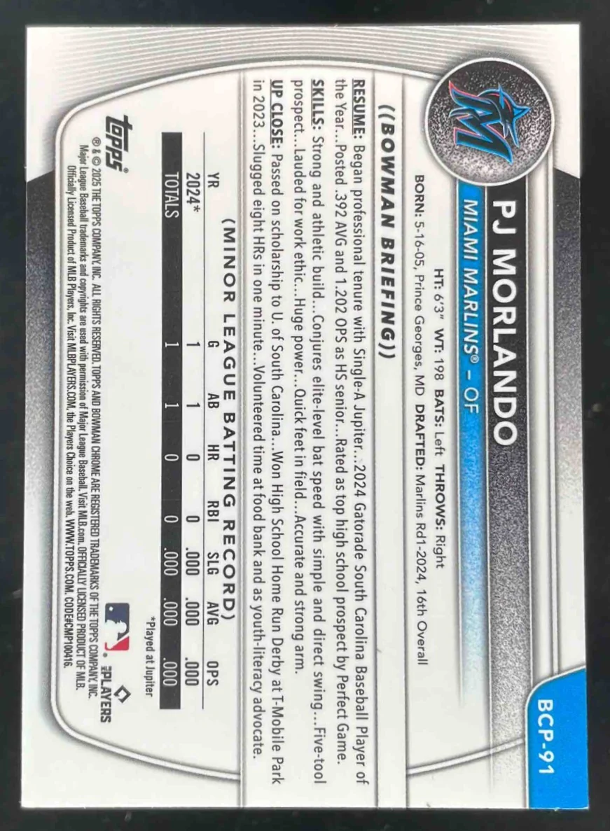 2025 Bowman Sapphire Chrome Yellow Refractors #BCP-91 PJ Morlando RC /75 - Image 2