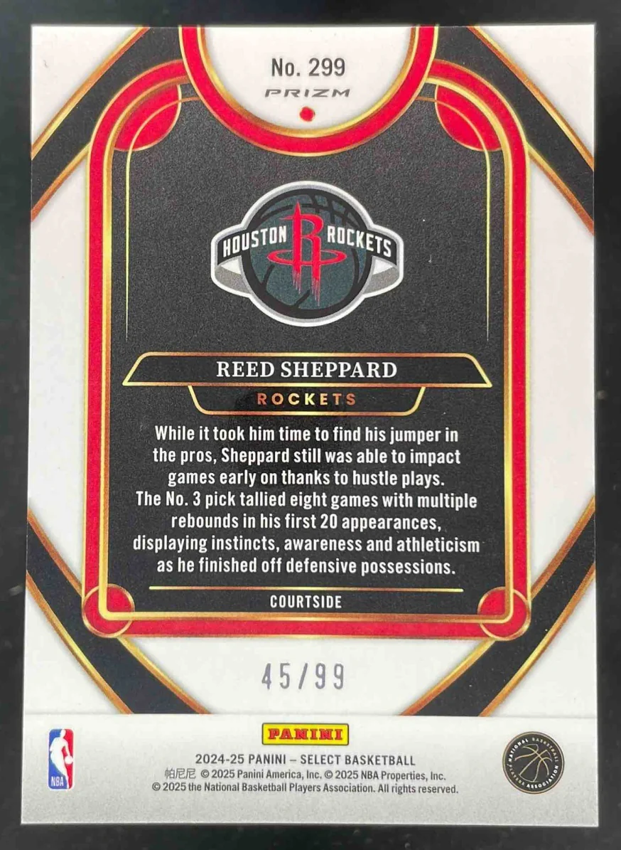 2024-25 Select Courtside Purple Cracked Ice Prizm #299 Reed Sheppard RC /99 - Image 2