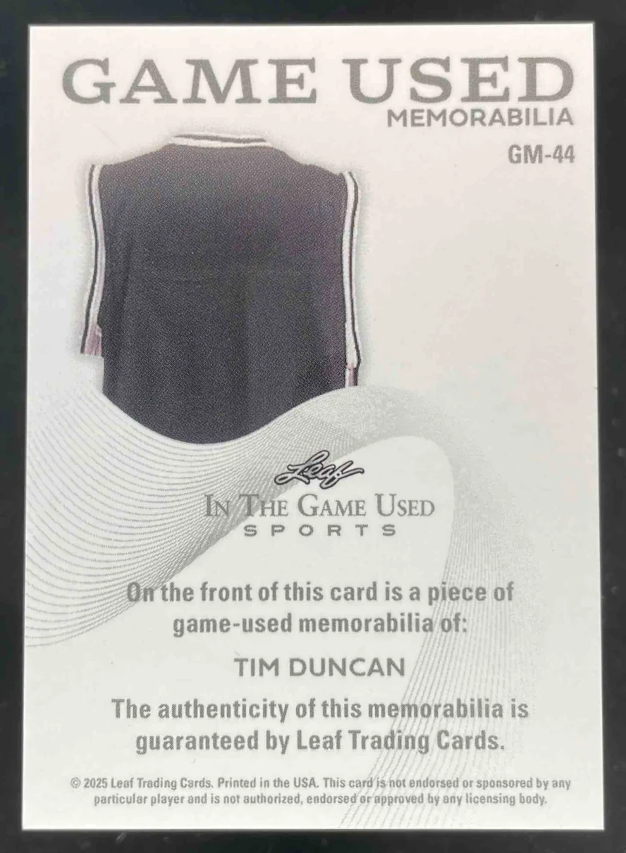 2025 Leaf In the Game Used Sports Game Used Blue Holo #GM-44 Tim Duncan /45 - Image 2