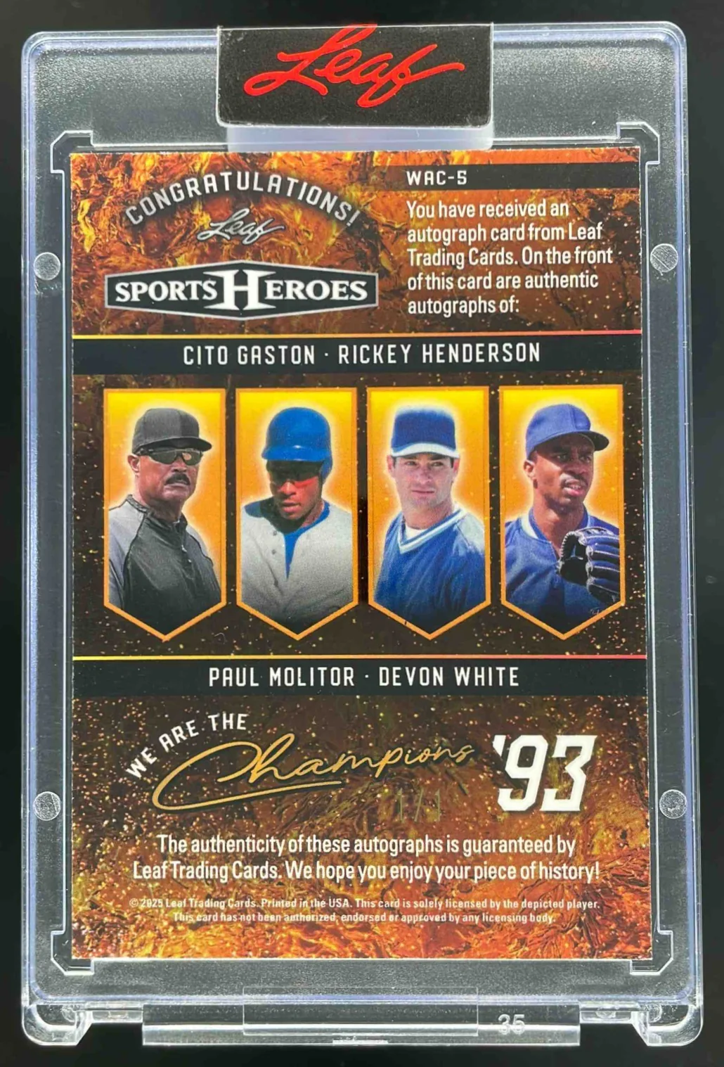 2025 Leaf Champion Prismatic Gold Gaston Rickey Henderson Molitor White Auto 1/1 - Image 2