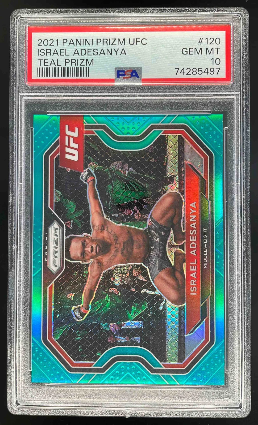 2021 Panini Prizm UFC Teal Prizms #120 Israel Adesanya /49 PSA 10