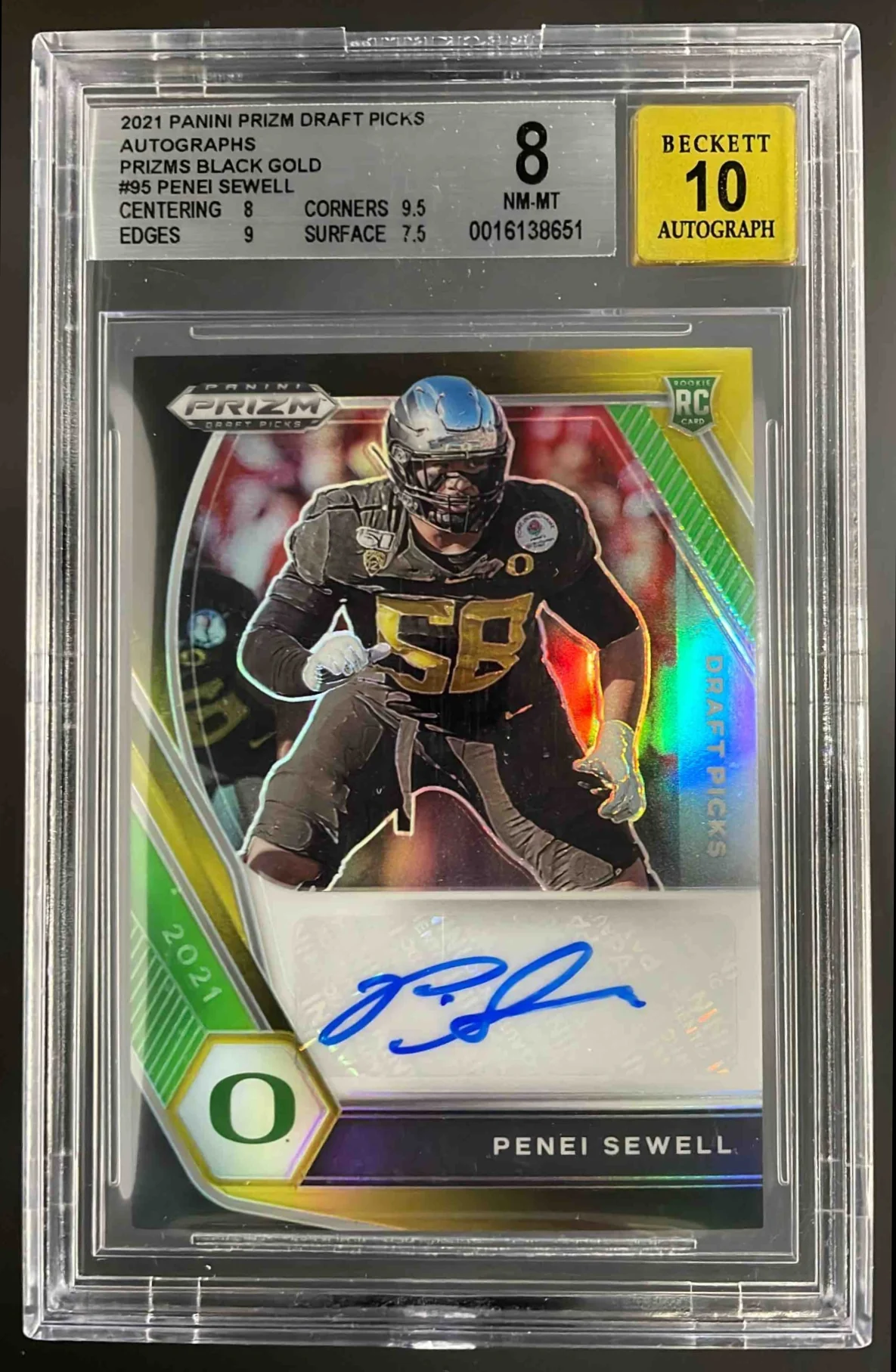 2021 Prizm Draft Picks Collegiate Black Gold Penei Sewell RC Auto /5 BGS 8