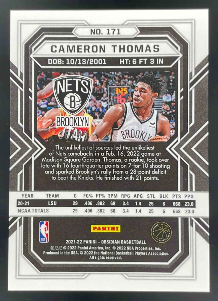 2021-22 Panini Obsidian Electric Etch Purple #171 Cameron Thomas RC /99 - Image 2