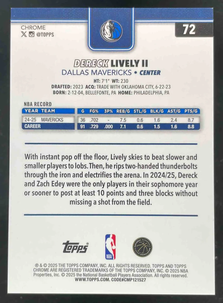 2025-26 Topps Chrome Orange Refractor #72 Dereck Lively II /25 - Image 2