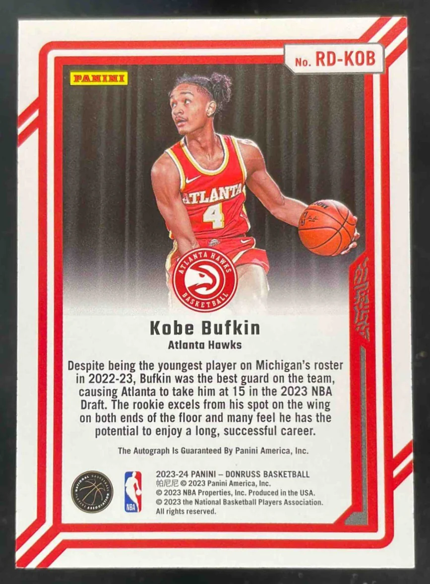 2023-24 Donruss Rookie Dominators Light Blue Laser Holo Kobe Bufkin RC Auto /8 - Image 2