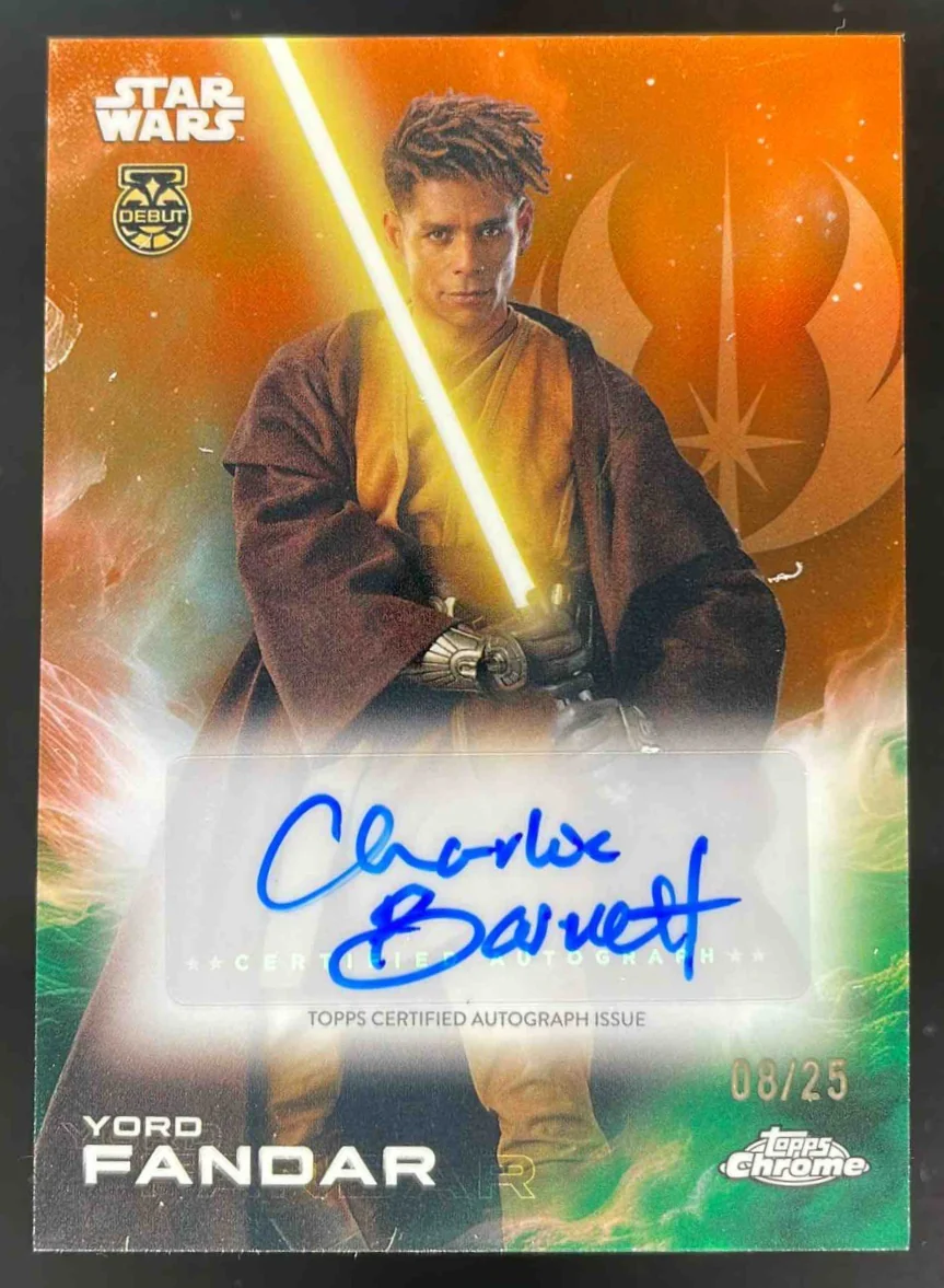 2025 Topps Chrome Star Wars Rebel Orange Charlie Barnett Yord Fandar Auto /25