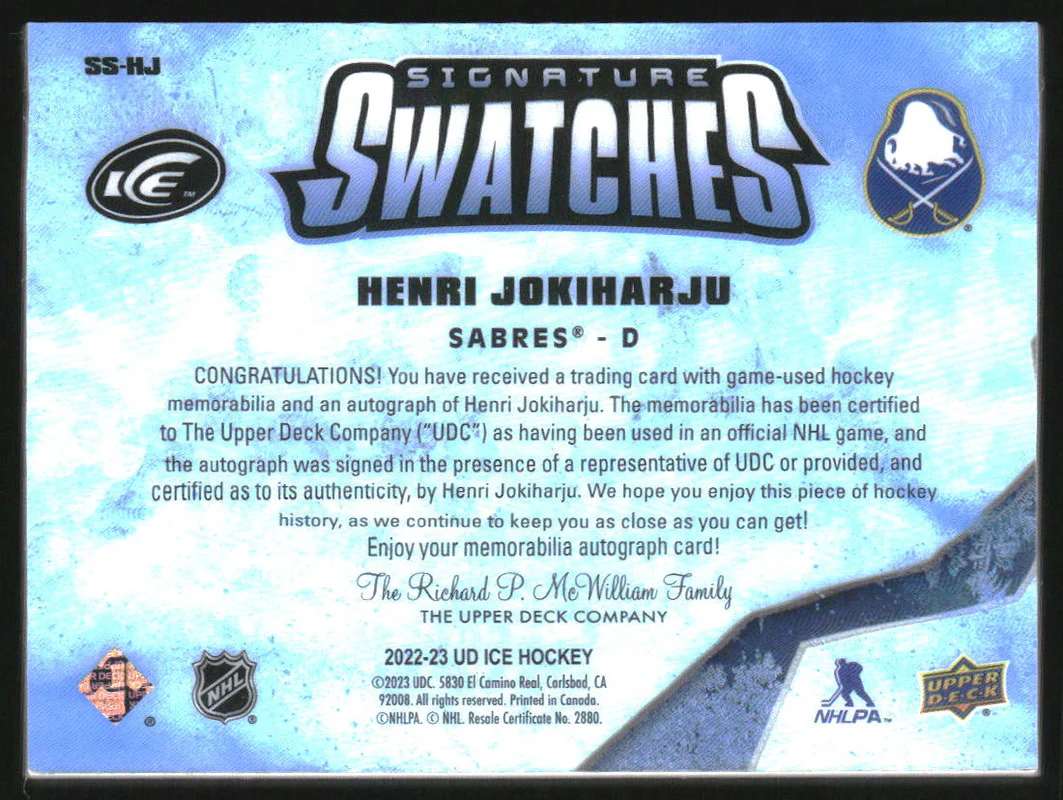 2022-23 Upper Deck Ice Signature Swatches #SSHJ Henri Jokiharju Auto - Image 2