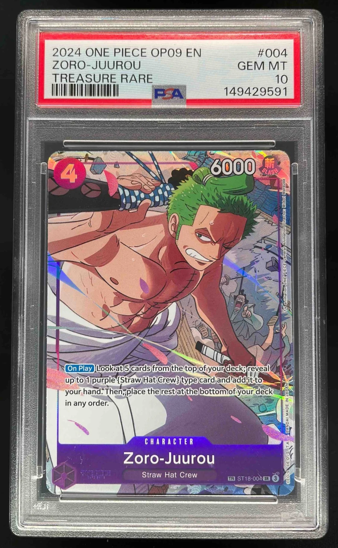 2024 One Piece OP09 EN #004 Zoro Juurou Treasure Rare PSA 10