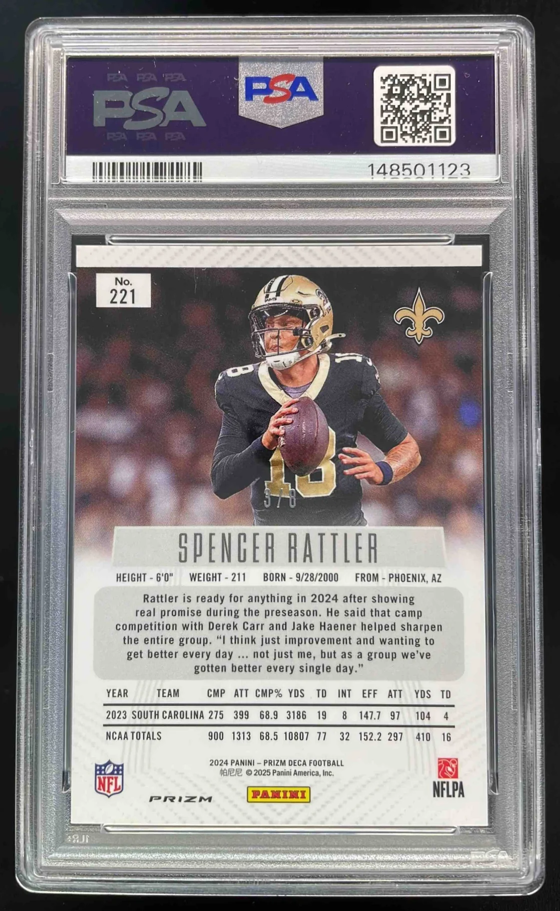 2024 Panini Prizm Deca Shimmer Black Gold FOTL #221 Spencer Rattler RC /8 PSA 10 - Image 2