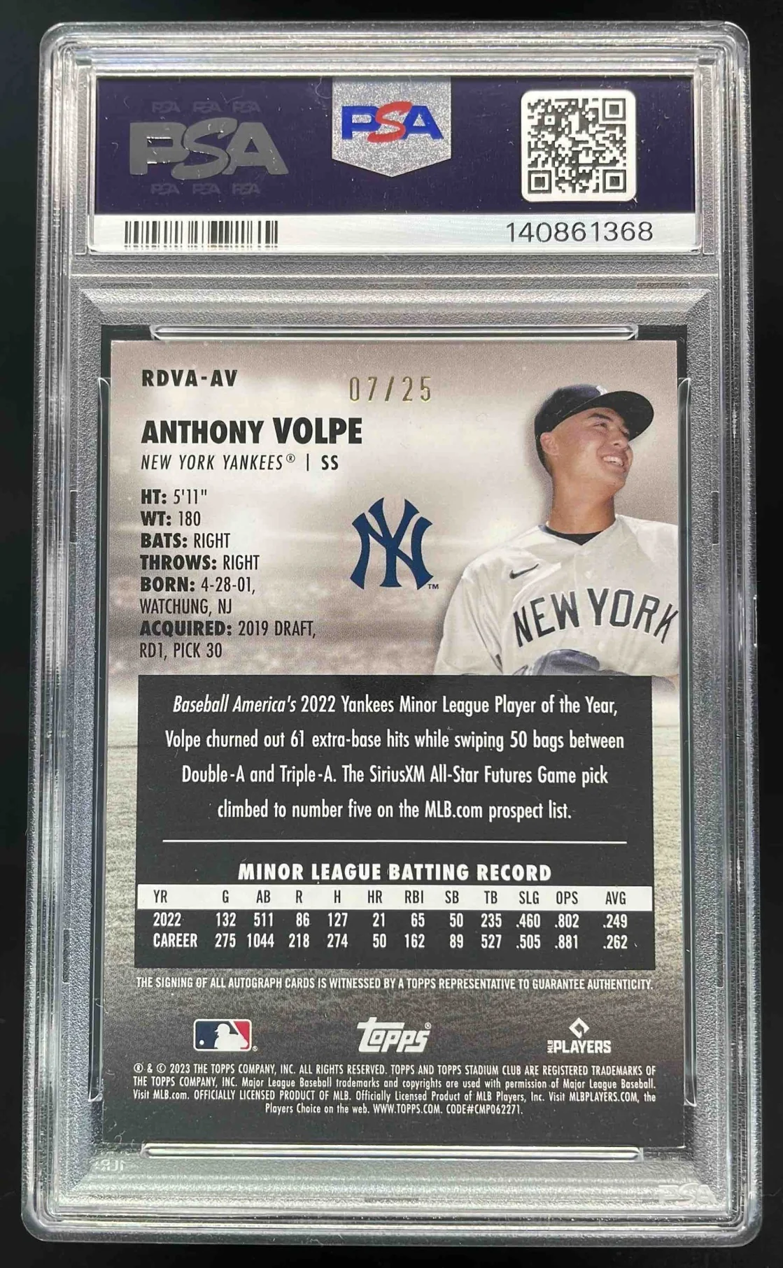 2023 Topps Stadium Club Rookie Design Variation Anthony Volpe RC Auto /25 PSA 9 - Image 2