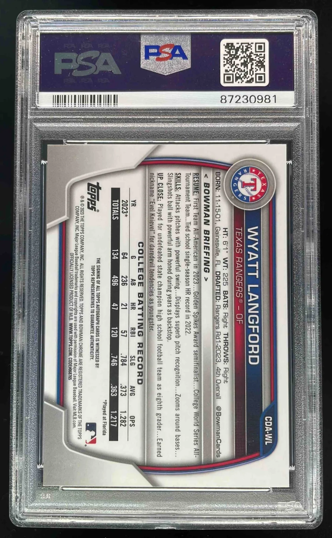 2023 Bowman Draft Chrome #CDA-WL Wyatt Langford RC Auto PSA 10 - Image 2