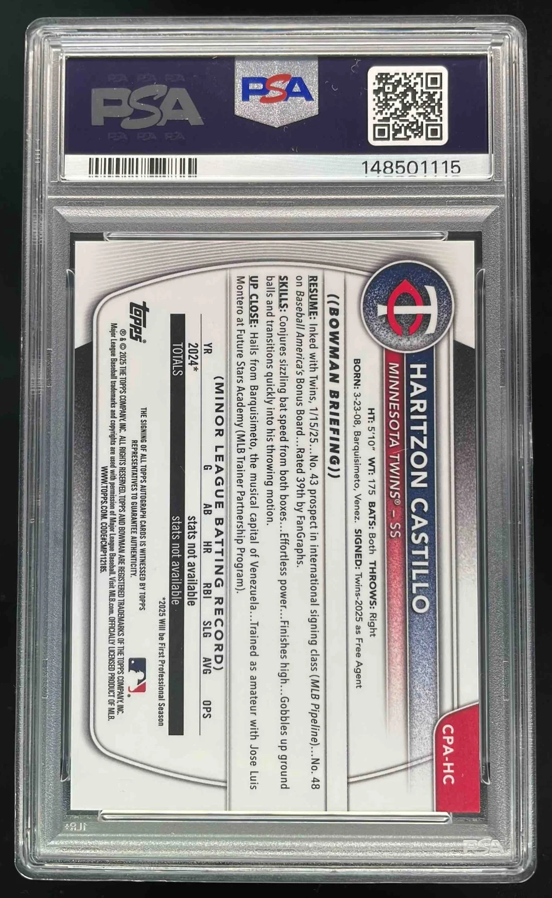 2025 Bowman Chrome Prospect Gum Ball #CPA-HC Haritzon Castillo RC Auto /5 PSA 10 - Image 2