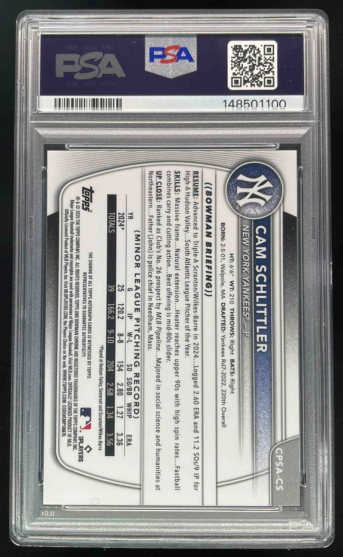 2025 Bowman Chrome Sapphire Prospect #CPSA-CS Cam Schlittler RC Auto /199 PSA 9 - Image 2