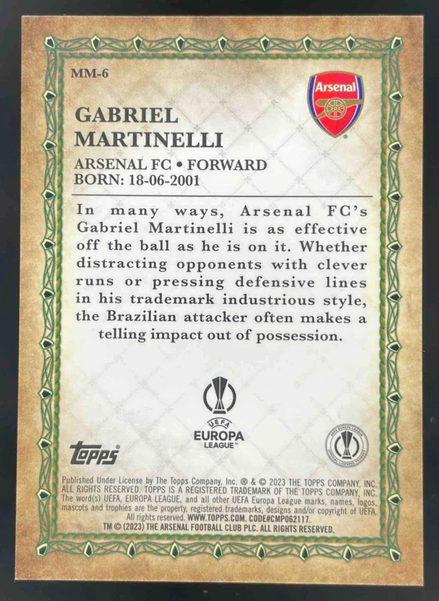 2022-23 Topps Merlin Chrome Merlin's Masters Gold #MM-6 Gabriel Martinelli /50 - Image 2