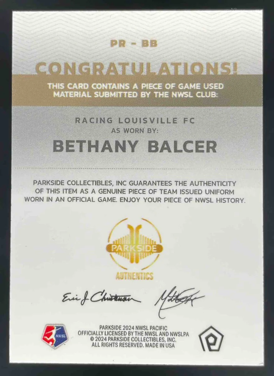 2024 Parkside NWSL Piece of Game Used #PR-BB Bethany Balcer - Image 2