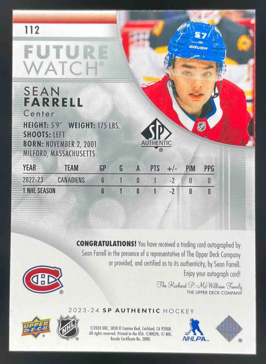 2023-24 SP Authentic #112 Sean Farrell Autograph RC Future Watch Auto /999 - Image 2